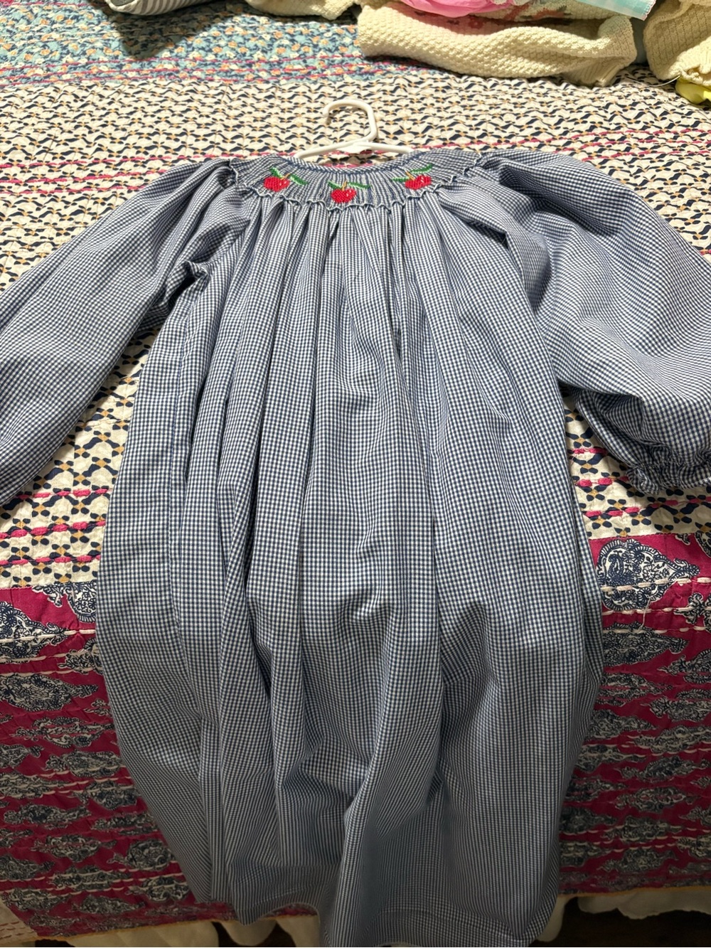 mine Blue Gingham Smocked Dress with Strawberry Motif